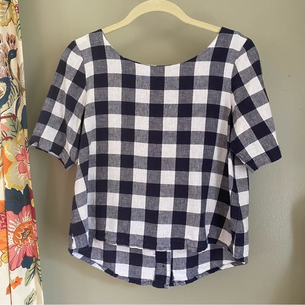 Navy and white checked blouse, size Small